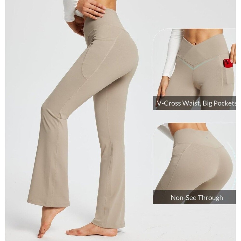 Baleaf V-Cross High Waist Flare Leggings L Beige Stretch Side Pockets New